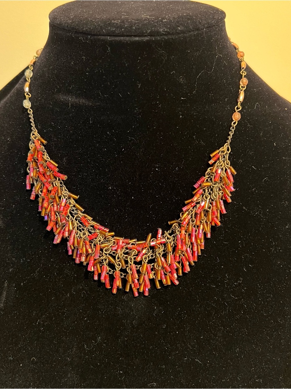 Red Bead Fringe Statement Necklace with Antique Gold Chain